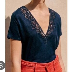 Sezane Navy Lace Insert Top